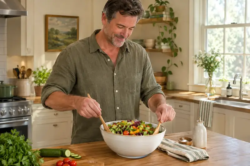 A man preparing a vegetable salad in a home kitchen
